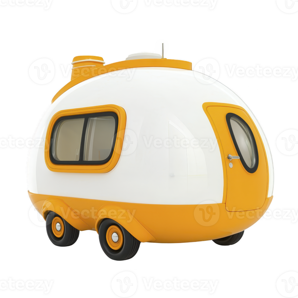 modern, compact, and stylish orange and white teardrop trailer with rounded edges and large windows, perfect for adventurous road trips and camping png