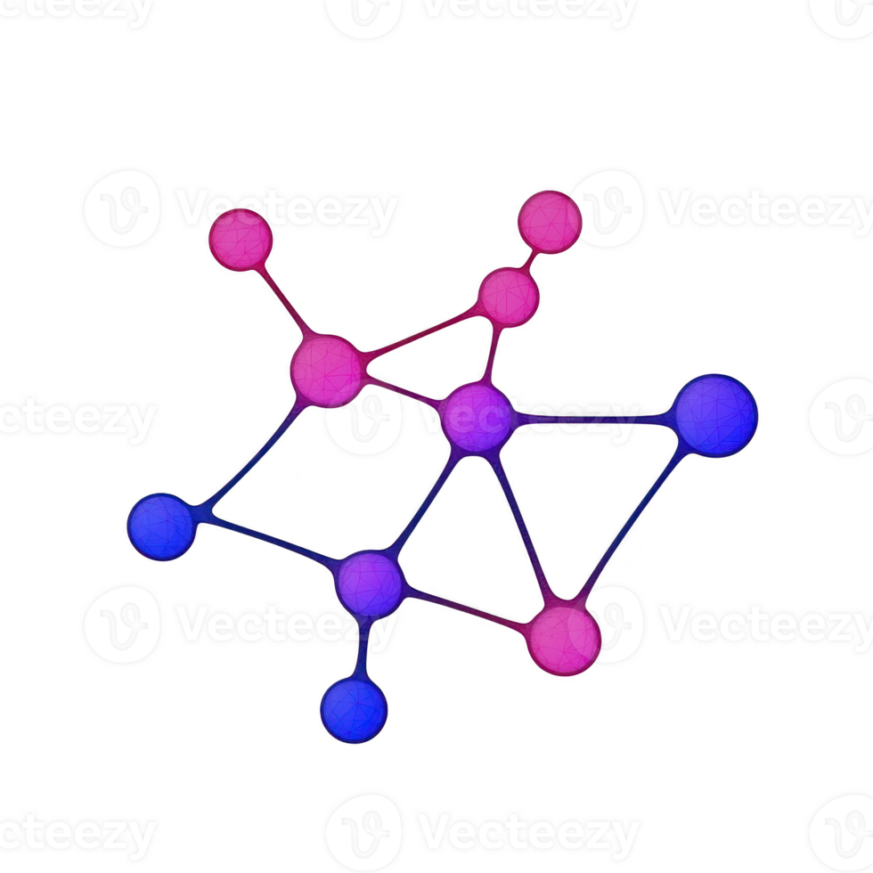 colorful molecular structure illustration with interconnected spheres in pink and blue, representing atoms and bonds. design is abstract and scientific, evoking sense of innovation and complexity png