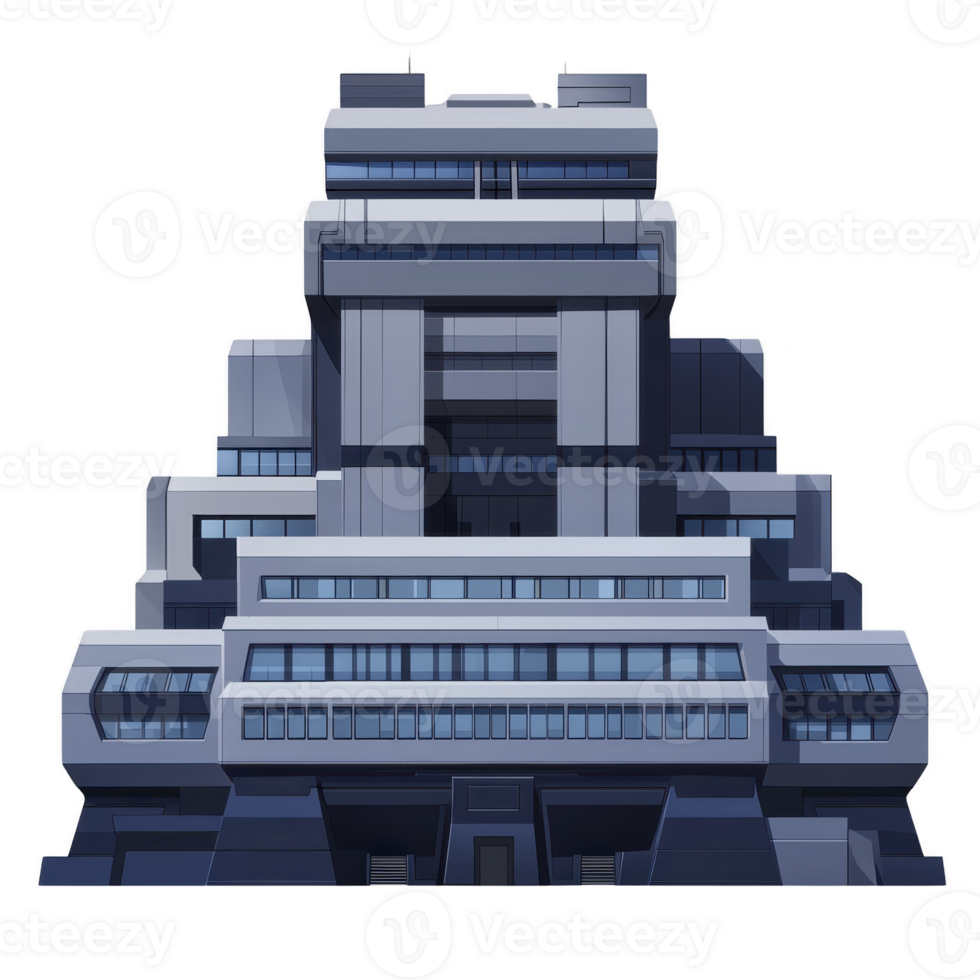 futuristic, multi tiered building with sleek, geometric design and numerous windows, showcasing modern architecture. structure appears imposing and innovative png