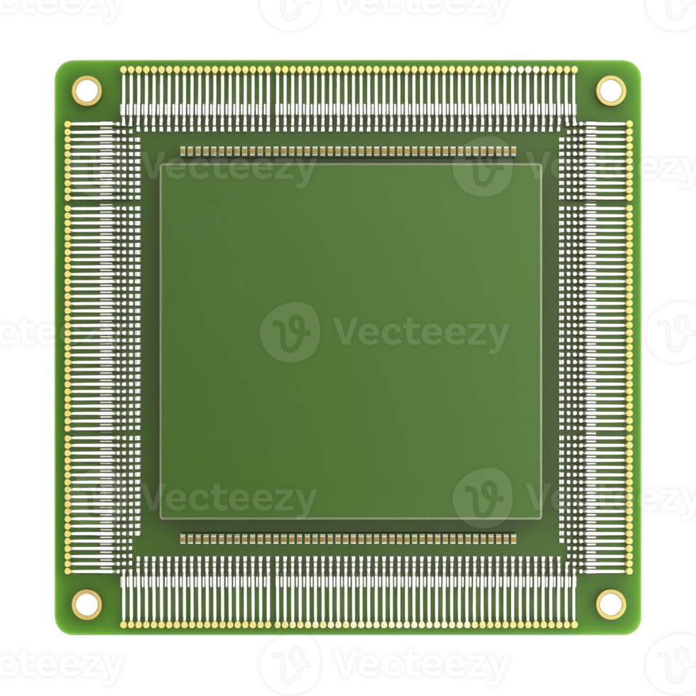 green microchip with square shape and gold connectors is shown, featuring intricate circuitry and central processing unit design. chip is isolated on transparency background png