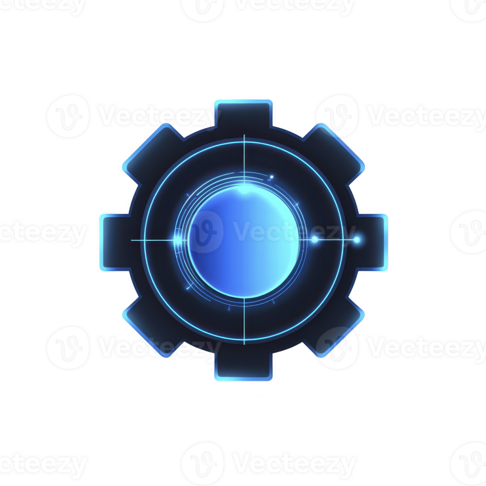 glowing blue gear icon with futuristic design, featuring central circular element and radial lines, evokes sense of technology and innovation. transparency background enhances its luminous effect png
