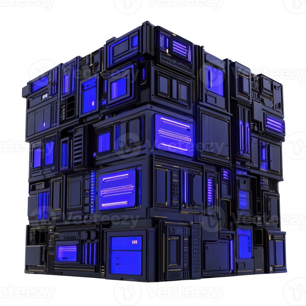 futuristic cube with glowing blue panels and intricate geometric patterns, evoking sense of advanced technology and innovation. structure appears complex and mysterious png