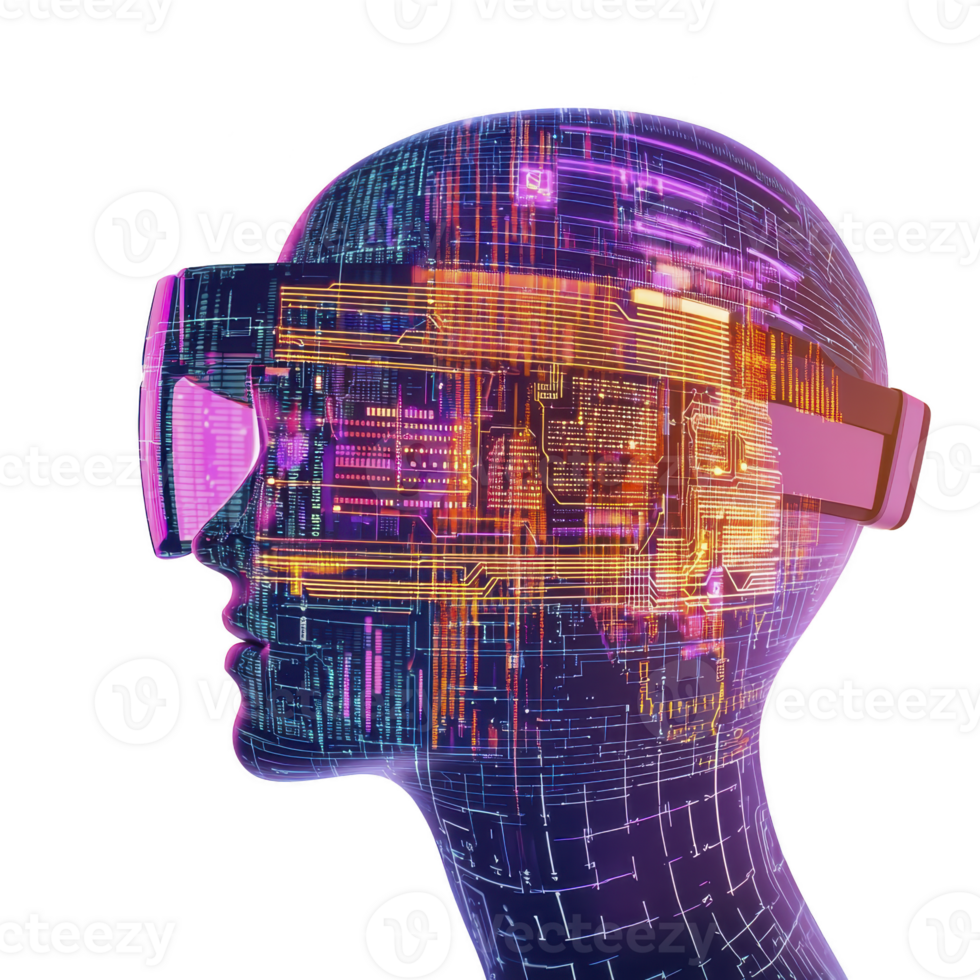 digital illustration of futuristic human head wearing virtual reality goggles, showcasing intricate circuit patterns and vibrant neon colors, symbolizing advanced technology and innovation png