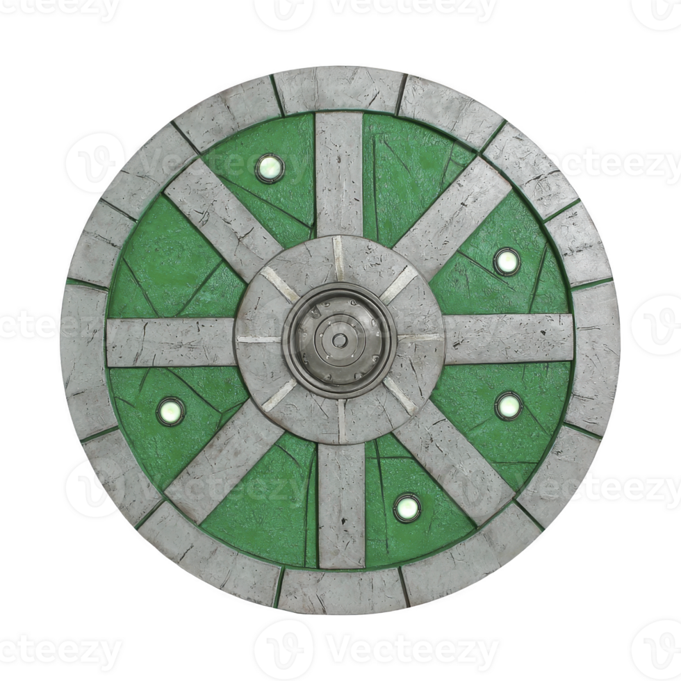 round medieval shield with green and silver design, featuring central metal boss and decorative rivets, evokes sense of historical craftsmanship and protection png