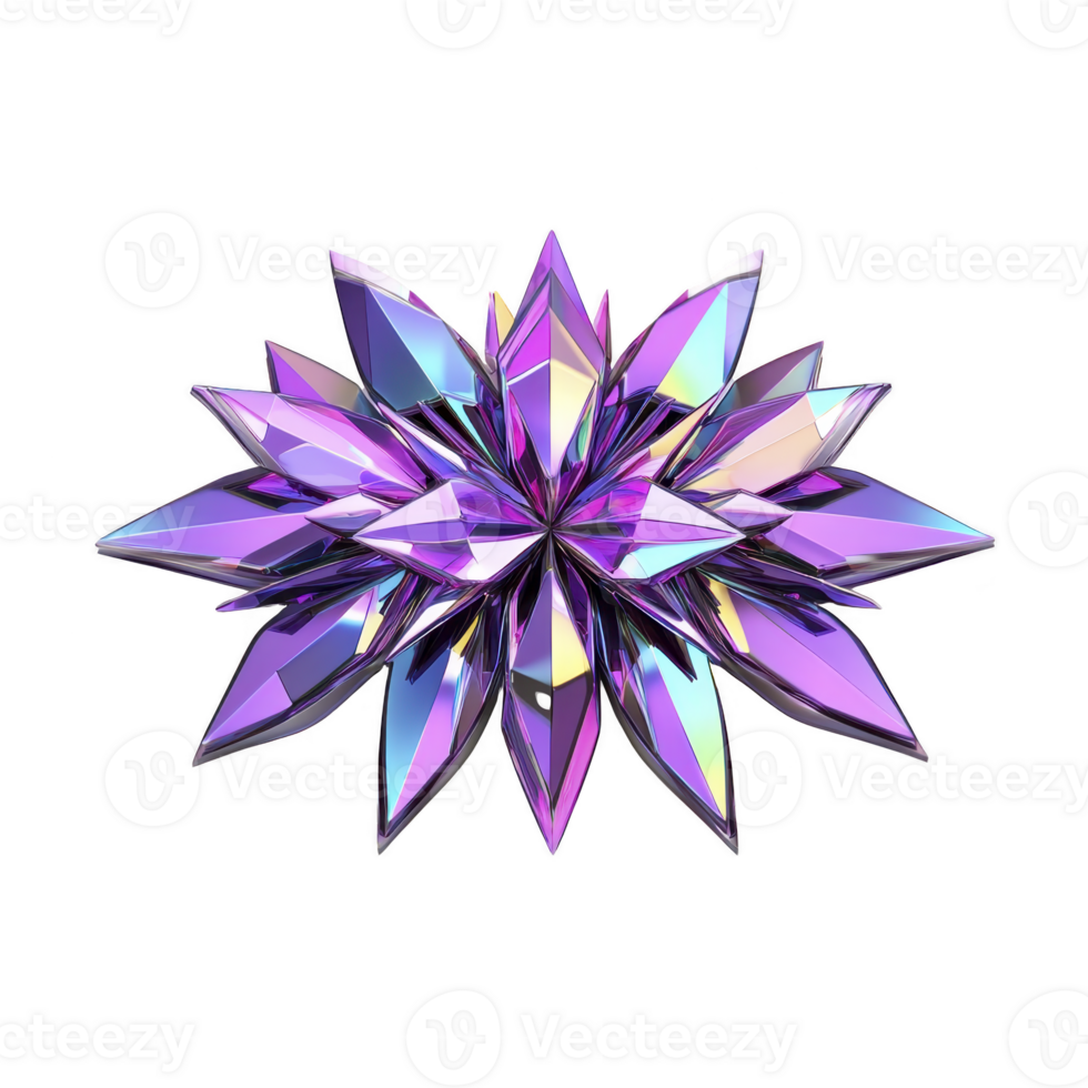 vibrant, symmetrical arrangement of iridescent, purple crystals forms star like shape, reflecting light in dazzling display. geometric design is both modern and captivating png