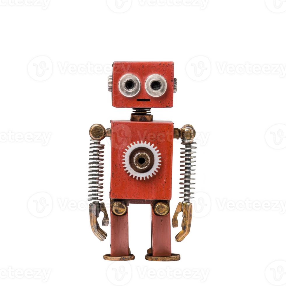 small, vintage style red robot with square head and body, featuring metallic springs for arms and legs, stands against plain background. Its design is charmingly retro png