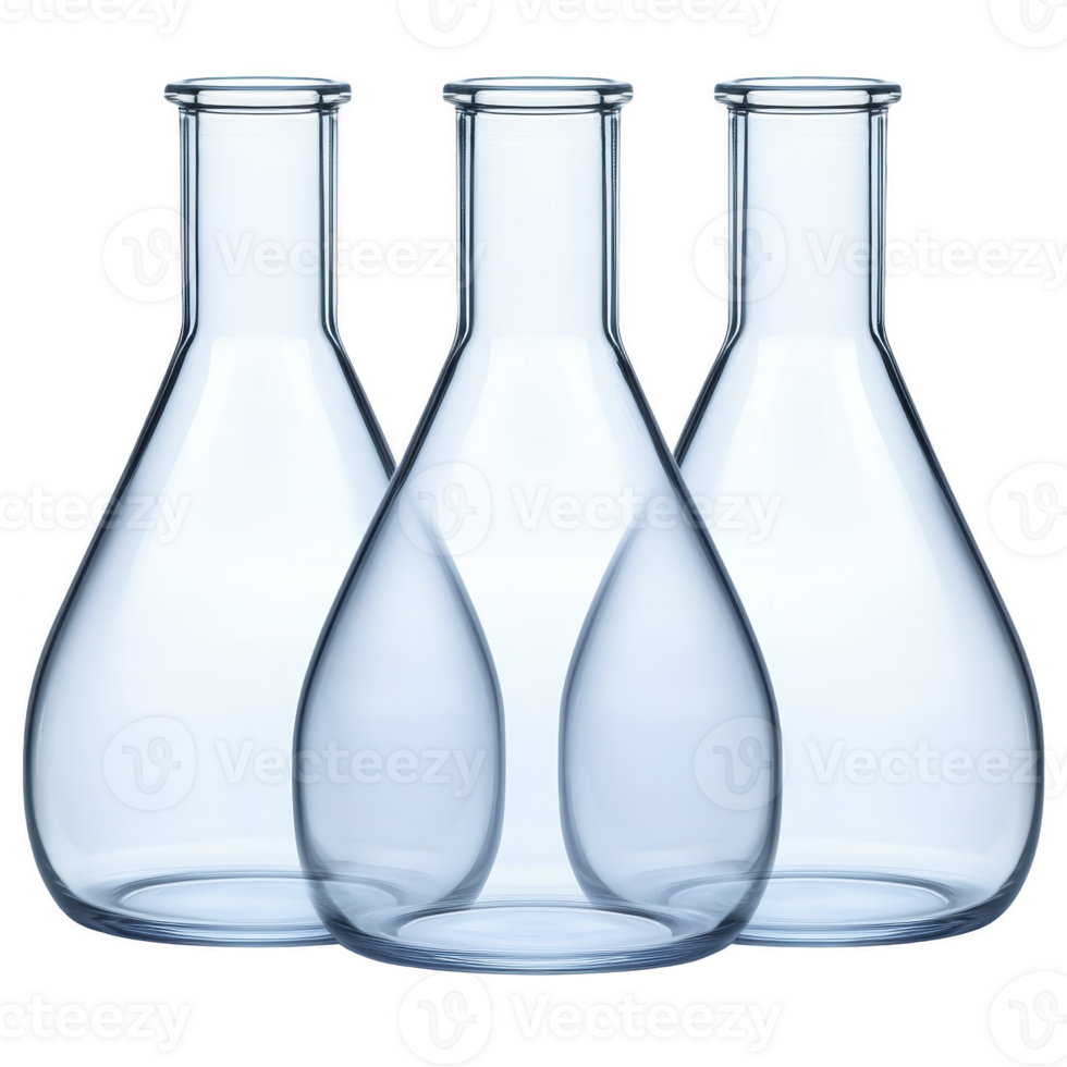 Three transparent glass flasks are arranged in row, showcasing their smooth, curved design. clear glass reflects light, creating clean and scientific aesthetic png