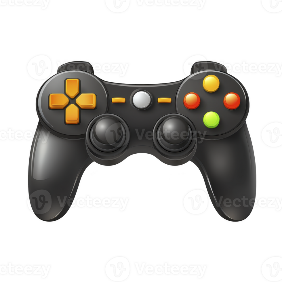 black gaming controller with colorful buttons and dual joysticks, designed for immersive game experiences. controller features ergonomic grips and sleek design png