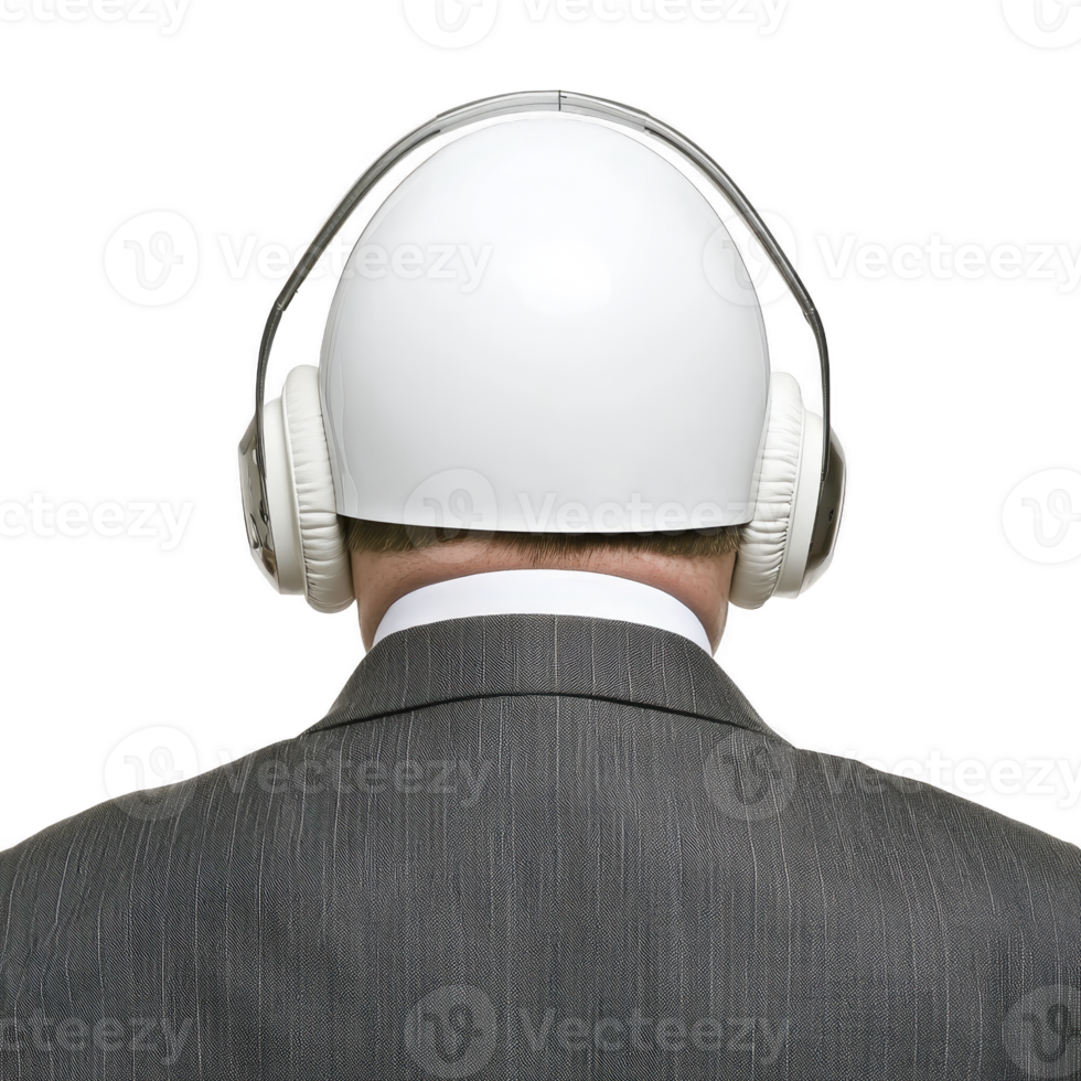 person wearing white helmet and headphones is seen from behind, dressed in pinstripe suit. image conveys sense of professionalism and focus, blending safety with technology png