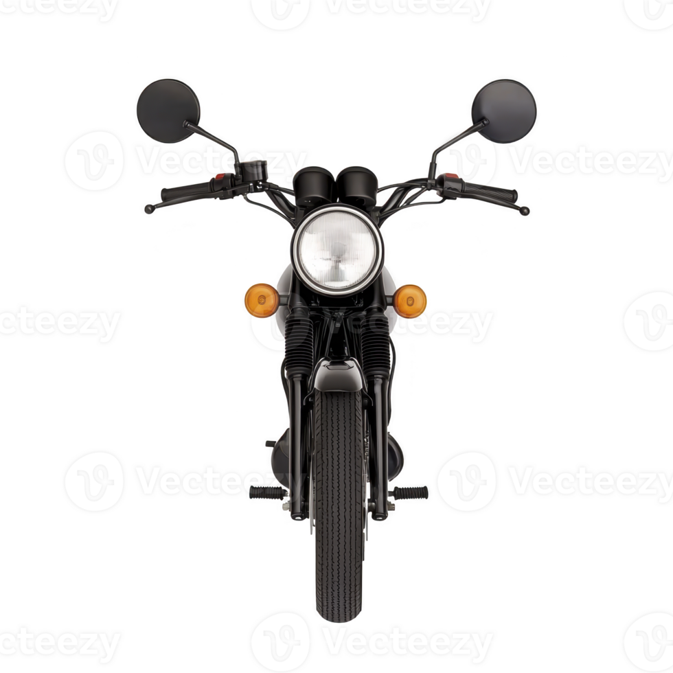 classic motorcycle with round headlight and side mirrors is shown from front view, highlighting its vintage design and sleek black finish. handlebars and indicators add to its retro appeal png