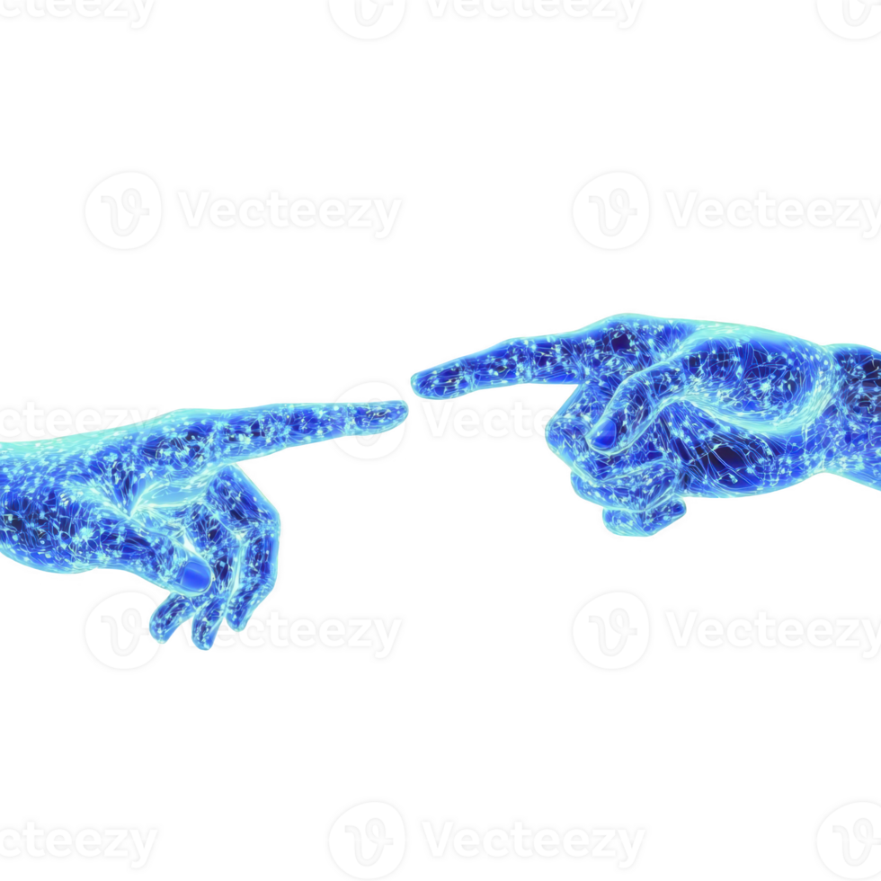 Two glowing digital hands reaching towards each other, symbolizing connection and technology. hands are composed of blue, luminous lines and dots, creating futuristic and abstract appearance png