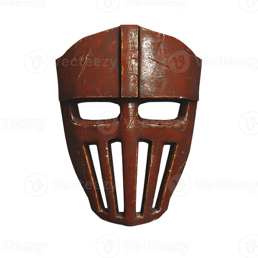 weathered, rusty medieval helmet with vertical slits for vision, evoking sense of ancient battles and history. metal surface shows signs of age and wear, adding to its authenticity png