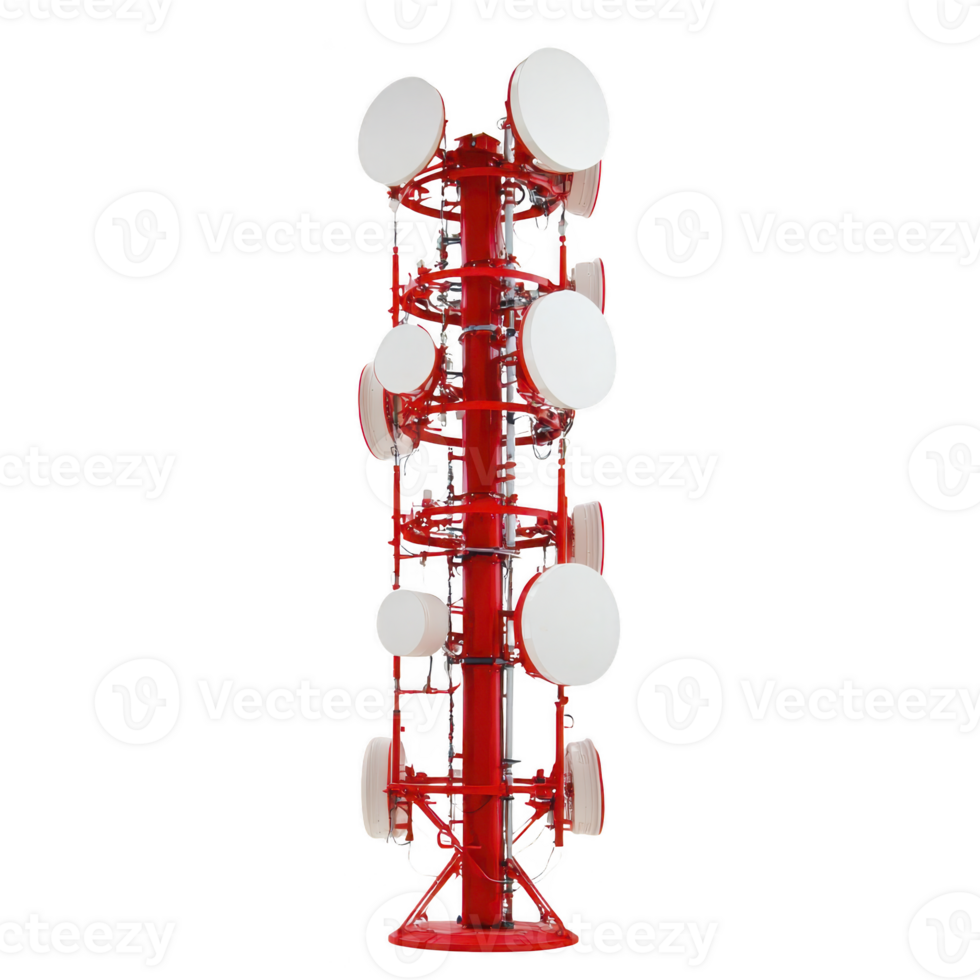 tall red telecommunications tower with multiple white satellite dishes and antennas is isolated on transparency background, showcasing modern communication technology png