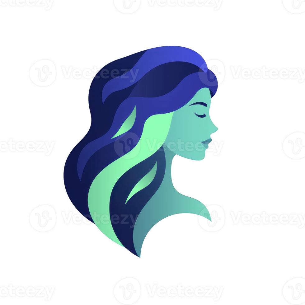 stylized illustration of woman profile with flowing blue and green hair, showcasing serene expression. design features smooth lines and minimalist aesthetic png