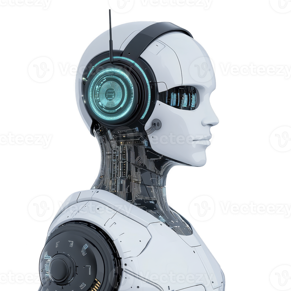 futuristic humanoid robot with sleek white armor and intricate circuitry is depicted in side profile. robot features glowing blue circular interface on its head, suggesting advanced technology png