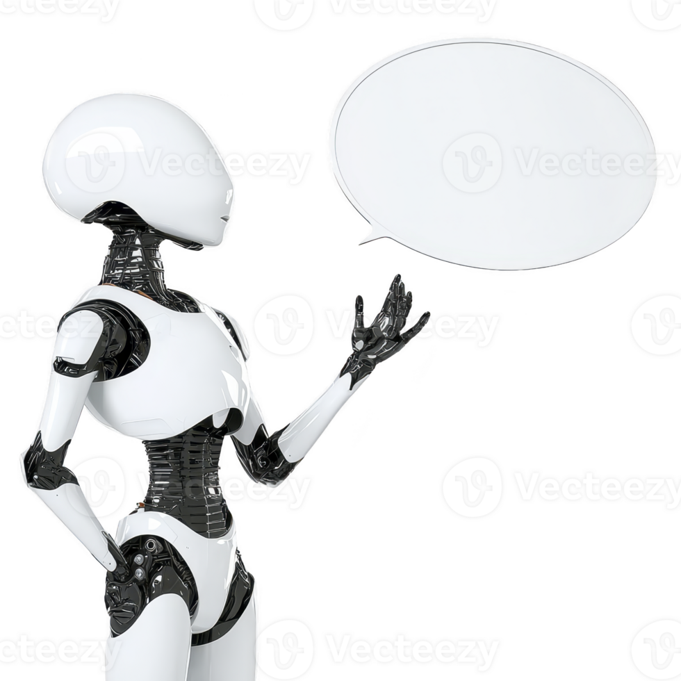 sleek humanoid robot with futuristic design stands with outstretched hand, holding blank speech bubble. robot smooth, white surface and black accents give it modern appearance png