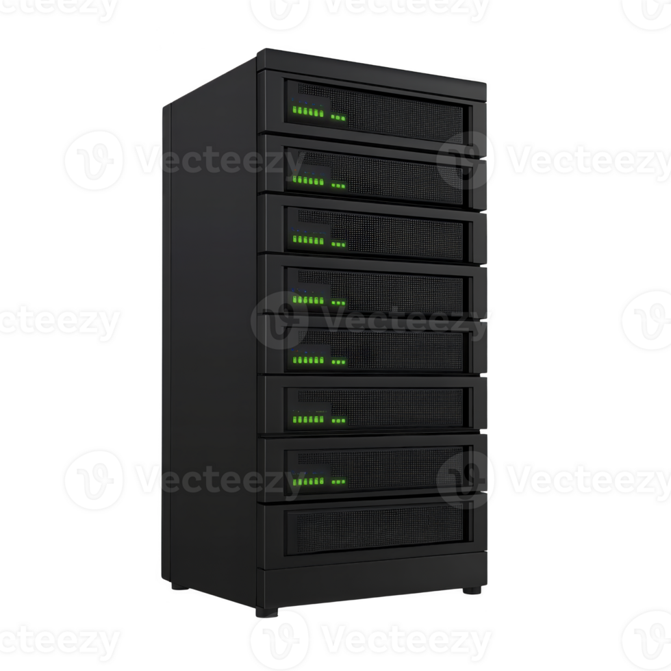 tall, black server rack with multiple units and glowing green indicator lights, suggesting active data processing and storage capabilities. sleek design conveys modern and efficient technology png