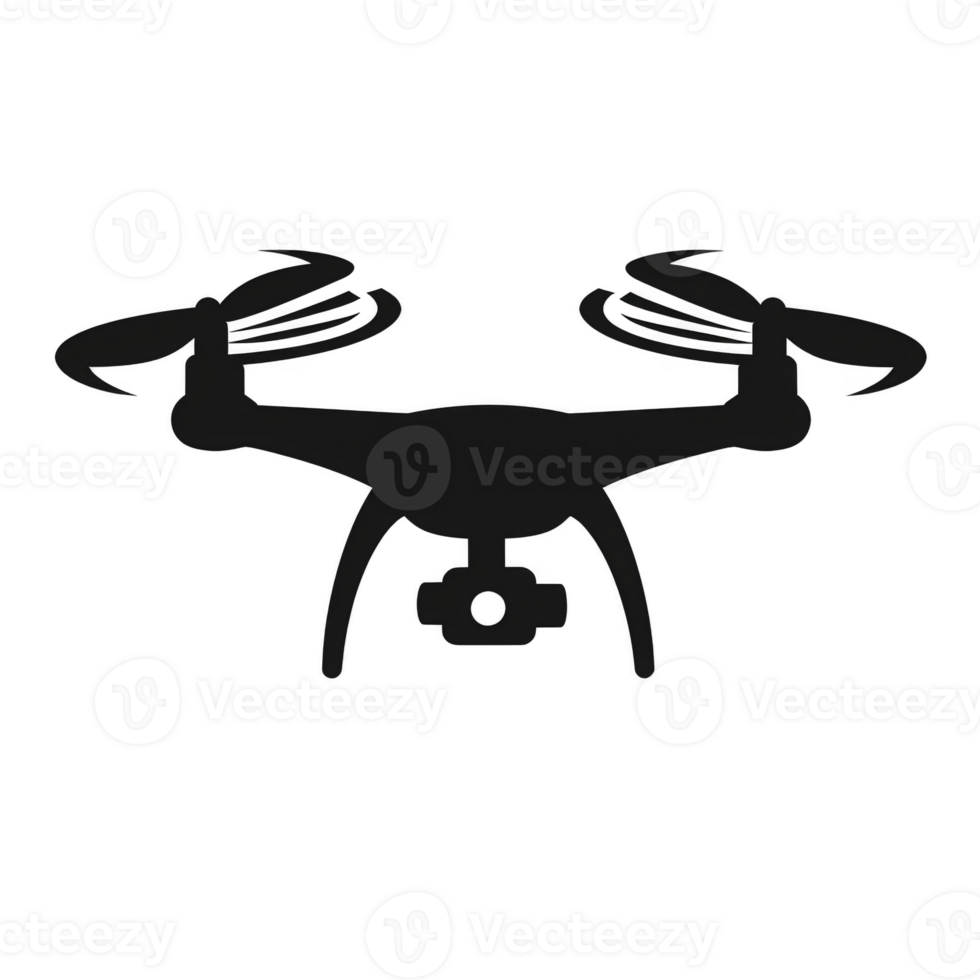 silhouette of quadcopter drone with four propellers and camera underneath, isolated on transparency background. image highlights drone sleek design and technological features png