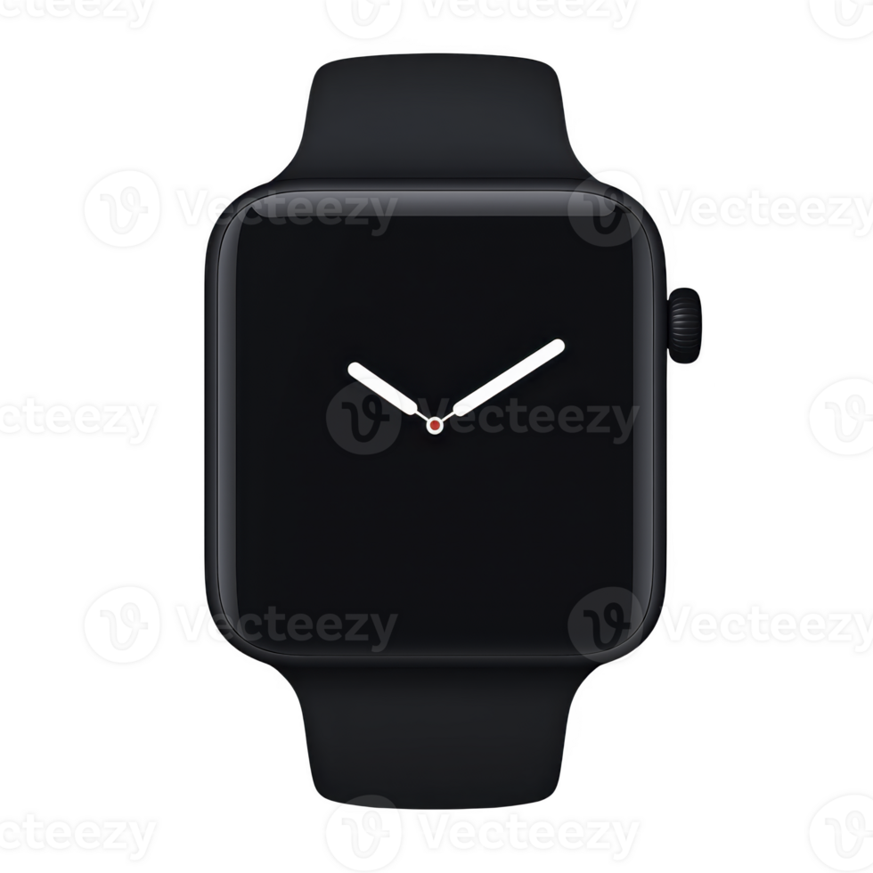 sleek black smartwatch with minimalist design, featuring rectangular face and simple white hands on dark screen. watch has modern, elegant appearance suitable for various occasions png