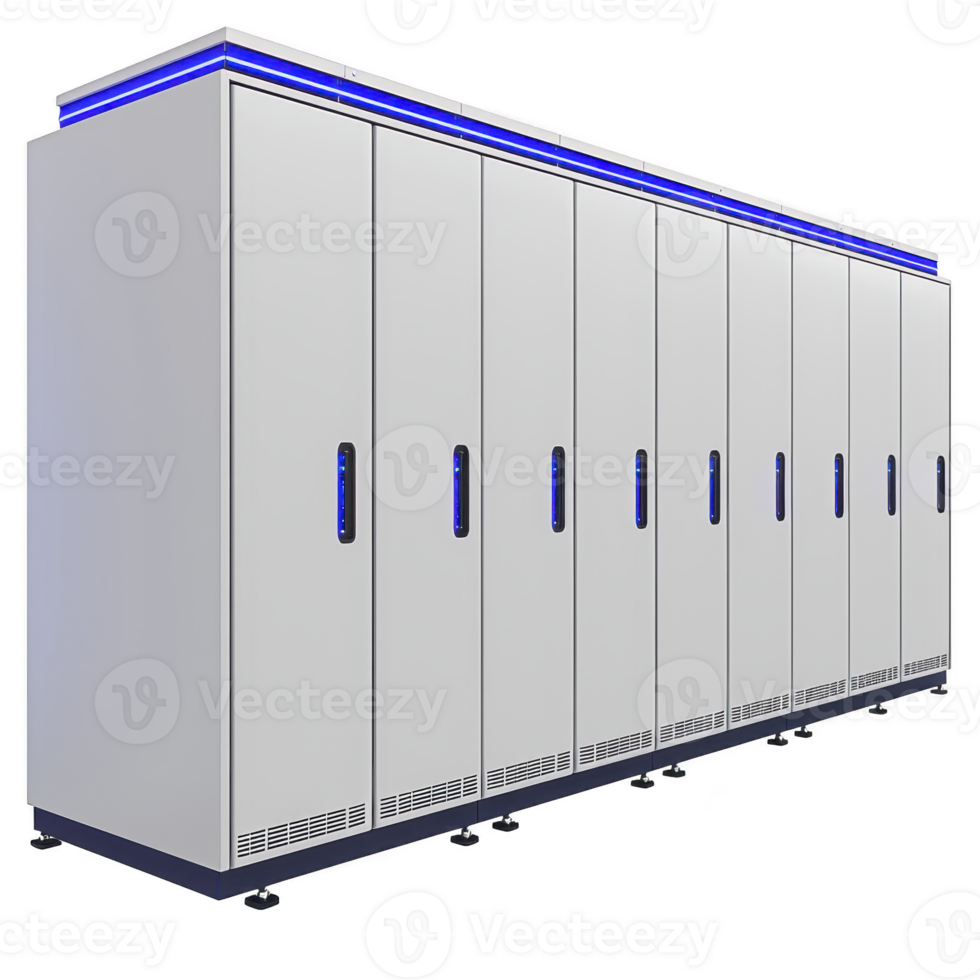 row of modern server cabinets with sleek design and blue LED lights, used for data storage and network management in technology environment png