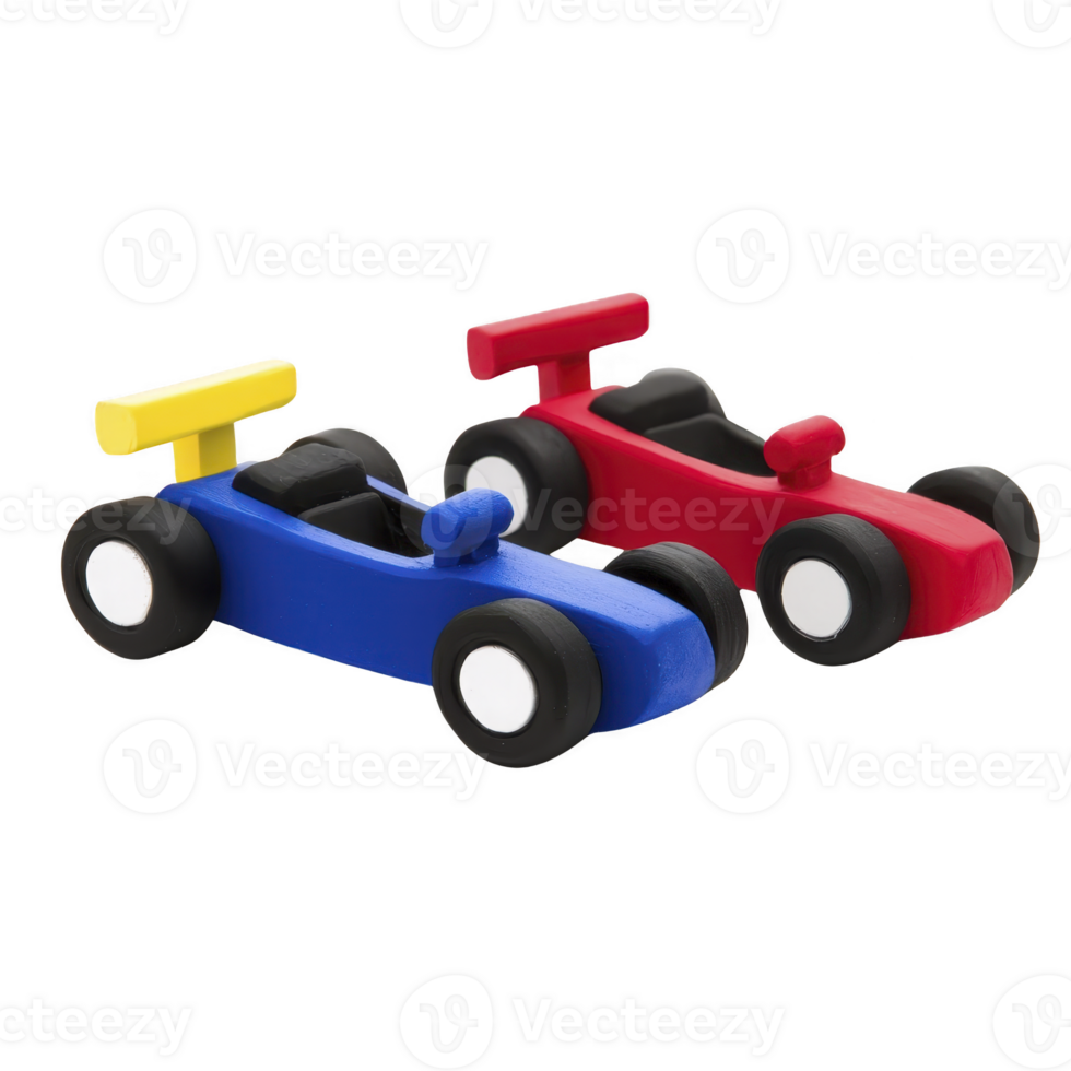 Two colorful wooden toy race cars, one blue with yellow spoiler and other red with red spoiler, are placed side by side. cars have simple, playful design with black wheels png