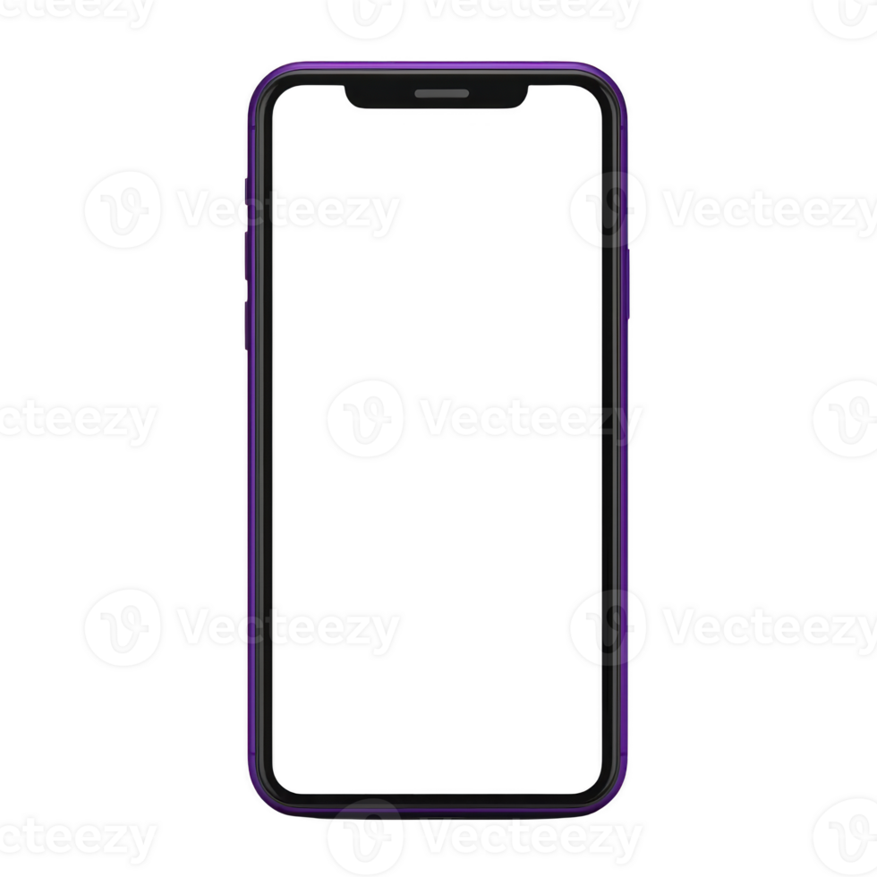 sleek smartphone with purple frame and blank screen is displayed, showcasing modern design. device minimalist appearance highlights its potential for customization and personalization png