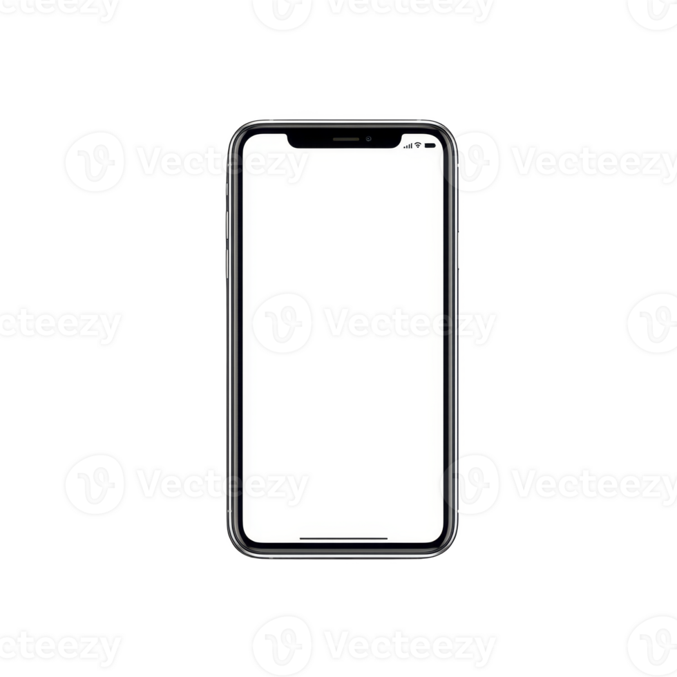 sleek smartphone with blank white screen is displayed, showcasing modern design with rounded edges and minimalistic frame. device is isolated transparent background, emphasizing its elegant png