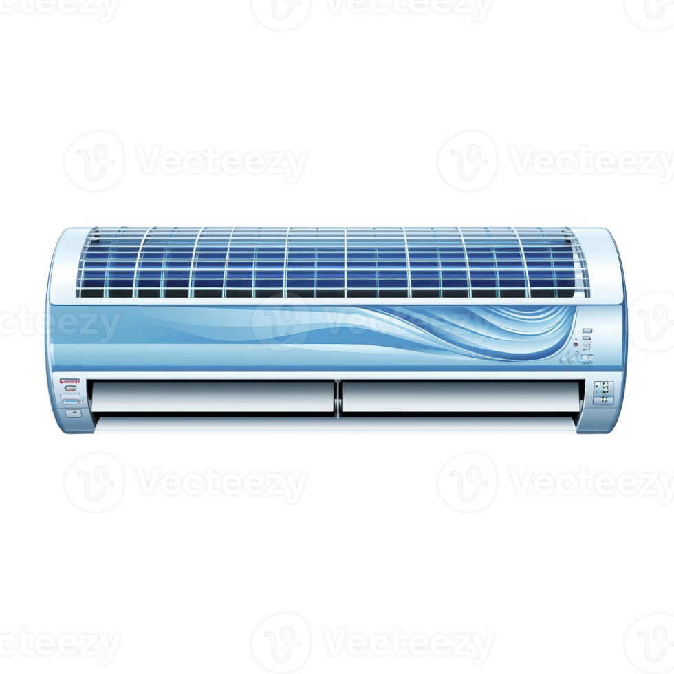 sleek blue air conditioner with modern design and wave pattern, featuring digital display and vents for efficient cooling. Ideal for home or office use png