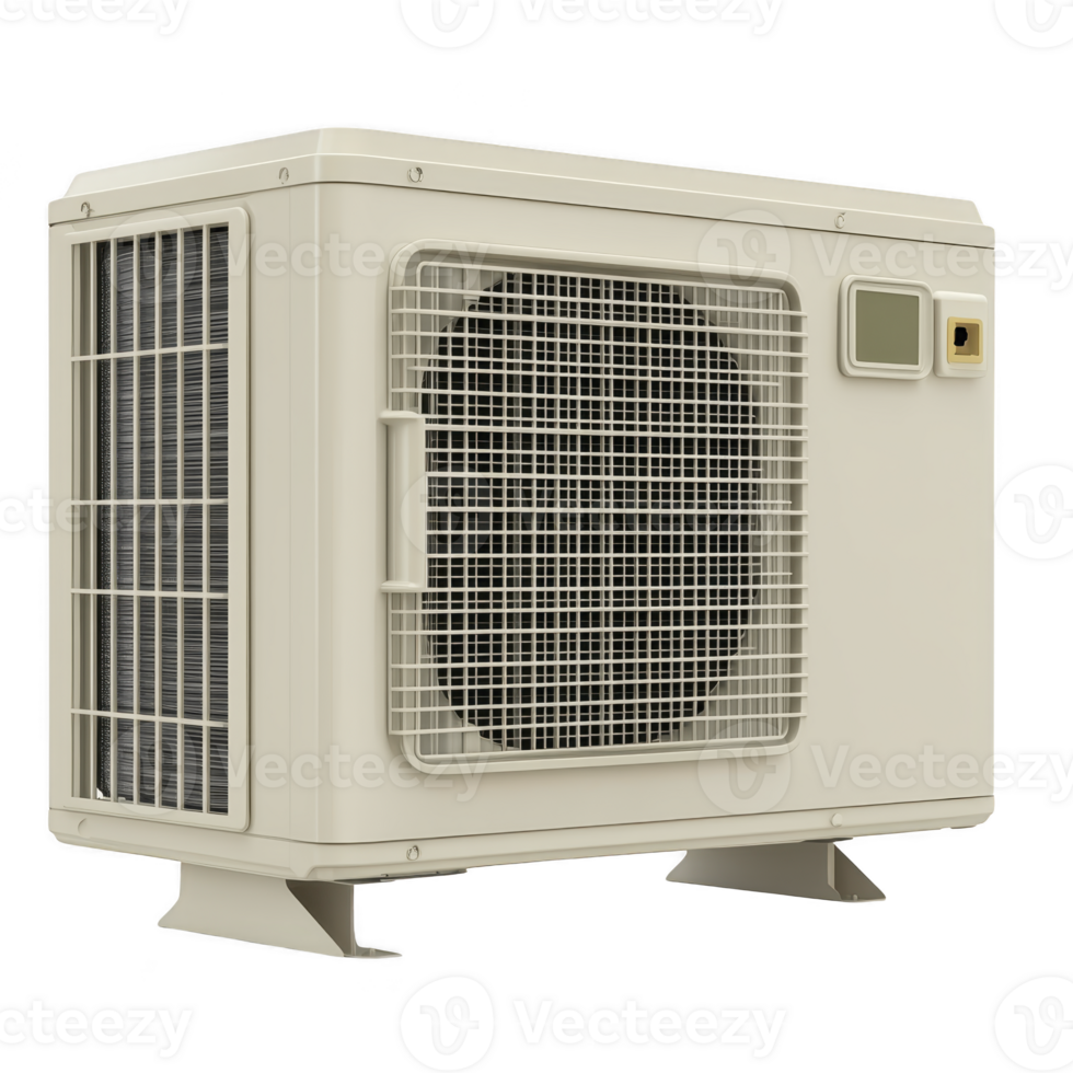 Outdoor air conditioning unit with metal casing and fan, designed for cooling and ventilation in residential or commercial buildings png