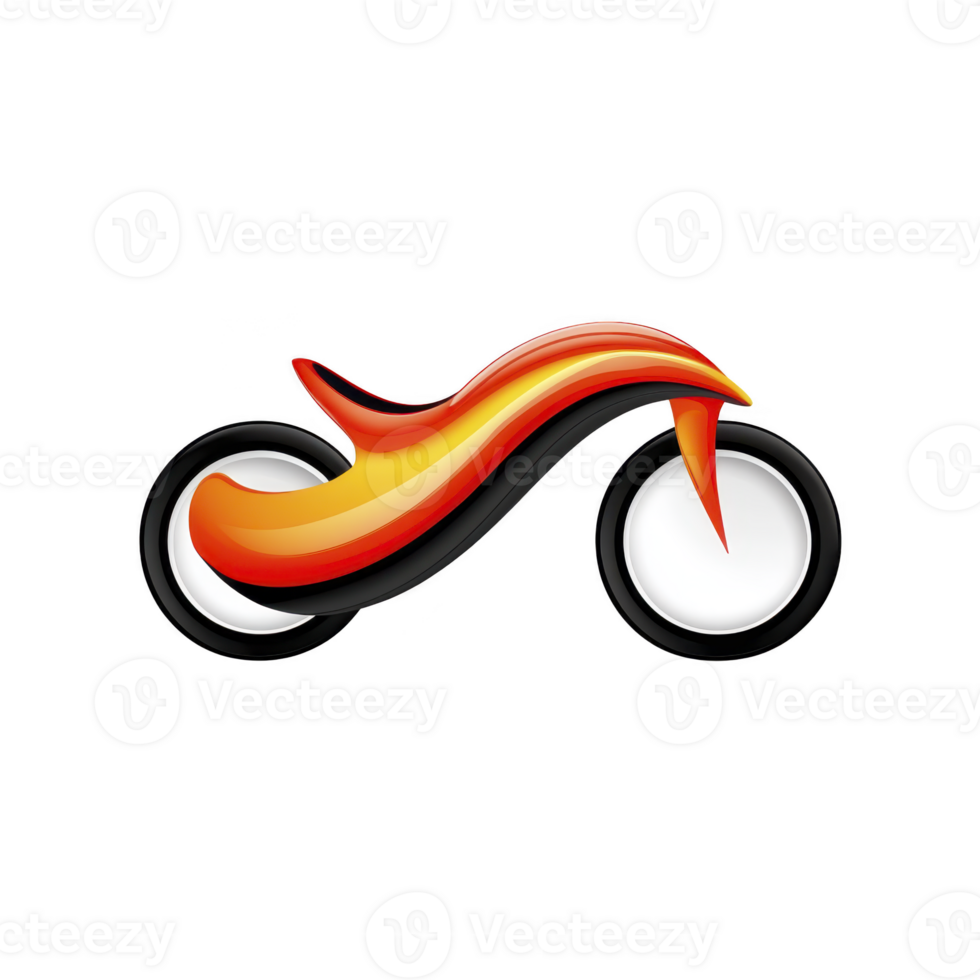 stylized motorcycle icon with sleek, abstract design features vibrant red and orange curves, resembling flames, creating dynamic and modern look. wheels are simple white circles png