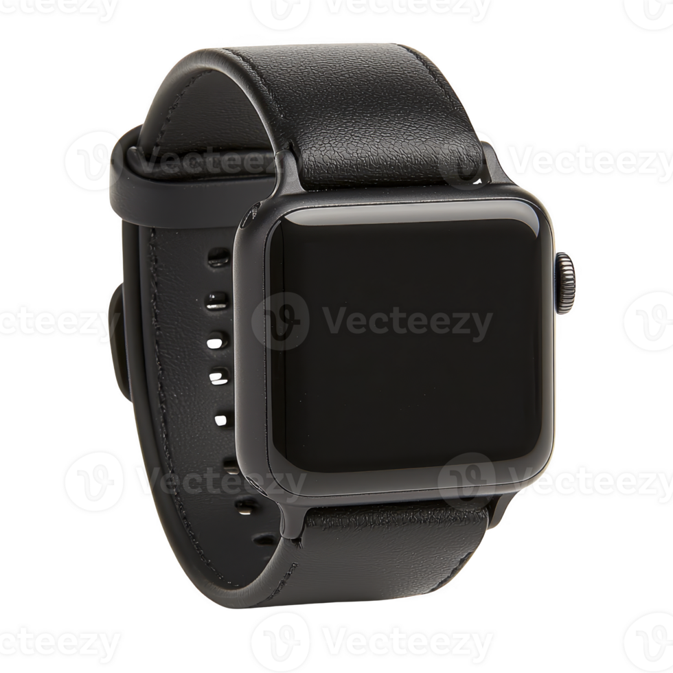 sleek black smartwatch with leather strap, featuring square face and minimalist design, perfect for modern tech enthusiasts png