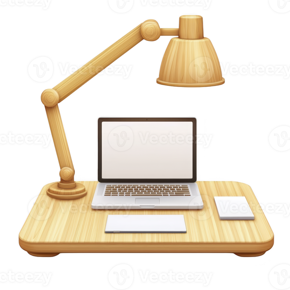 wooden desk setup features laptop, desk lamp, and notepad, creating cozy and organized workspace. natural wood texture adds warmth and simplicity to design png