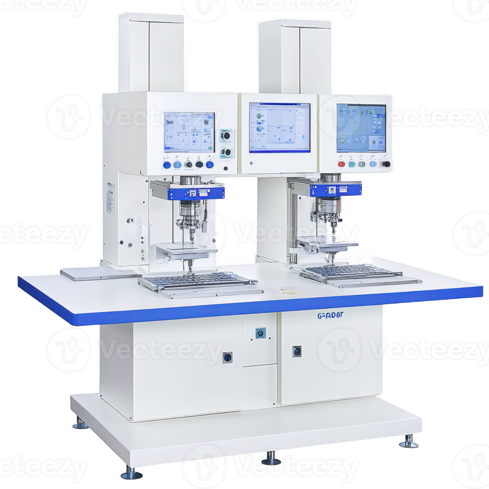 This shows dual station industrial machine with two workstations, each equipped with control panel and display screens. machine is designed for precision tasks manufacturing environments png