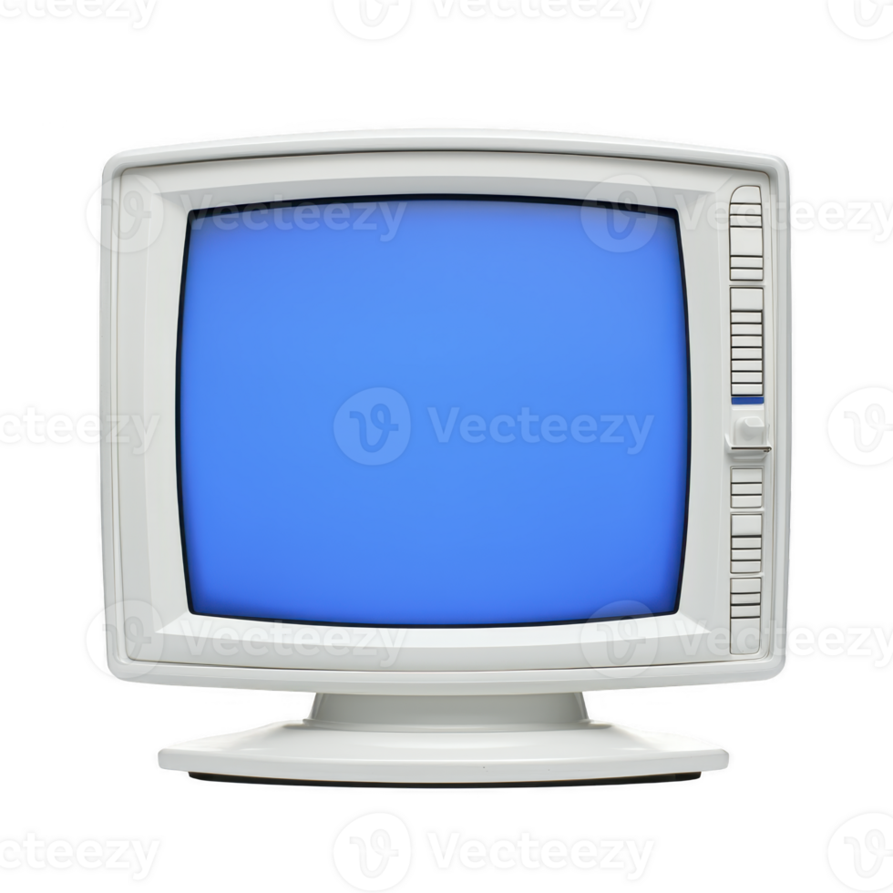 vintage CRT monitor with blue screen, showcasing retro technology and nostalgia. monitor design features curved screen and side control buttons, evoking sense of past png