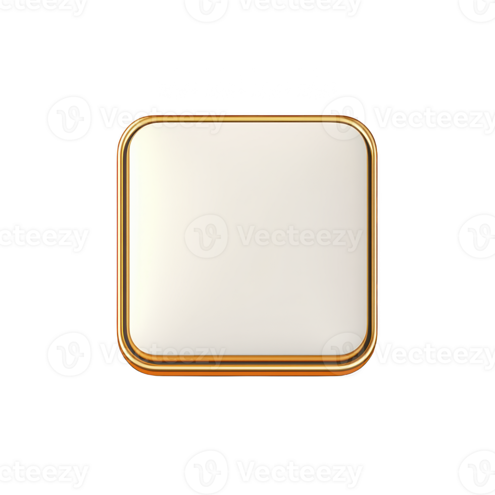 square, gold framed button with glossy white surface, isolated on transparency background, exudes sleek and modern design png