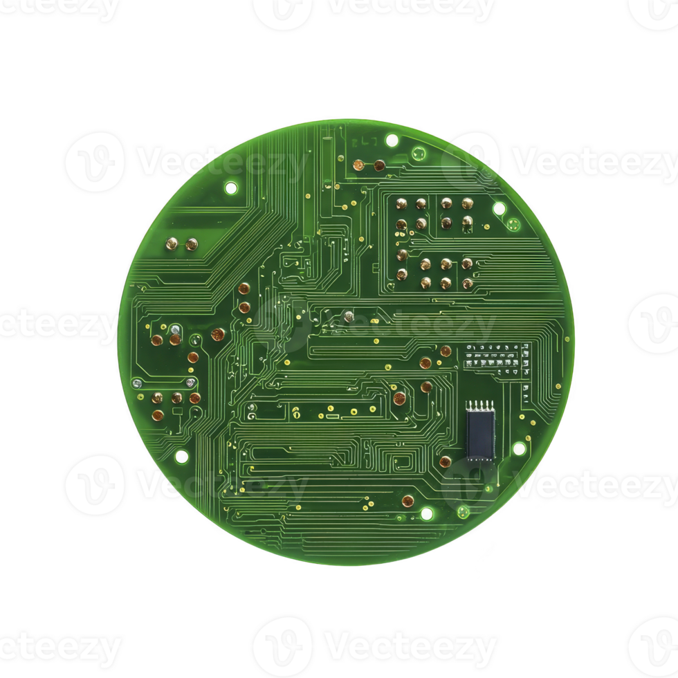 round green circuit board with intricate pathways and components, showcasing complexity of electronic design. board features various solder points and small integrated circuit png
