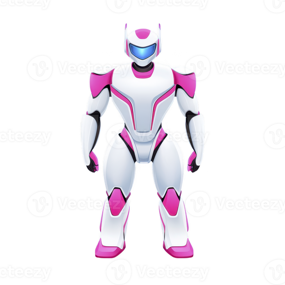 futuristic robot with sleek design stands confidently, featuring white and pink color scheme and visor like face. robot design is modern and dynamic png