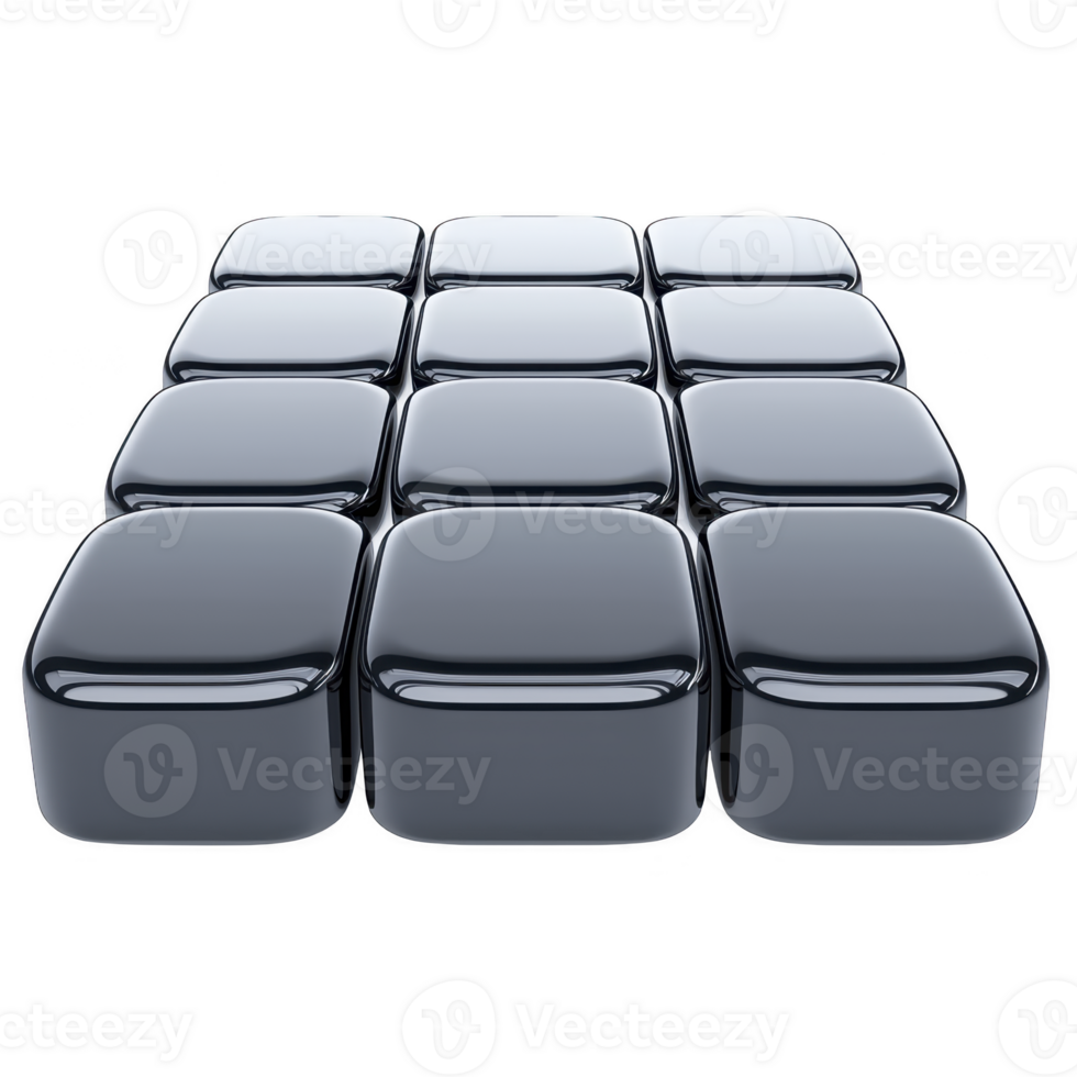 grid of glossy, black, rounded cubes is arranged in 3x3 pattern, reflecting light and creating sleek, modern appearance. smooth surface and uniform shape give futuristic feel png
