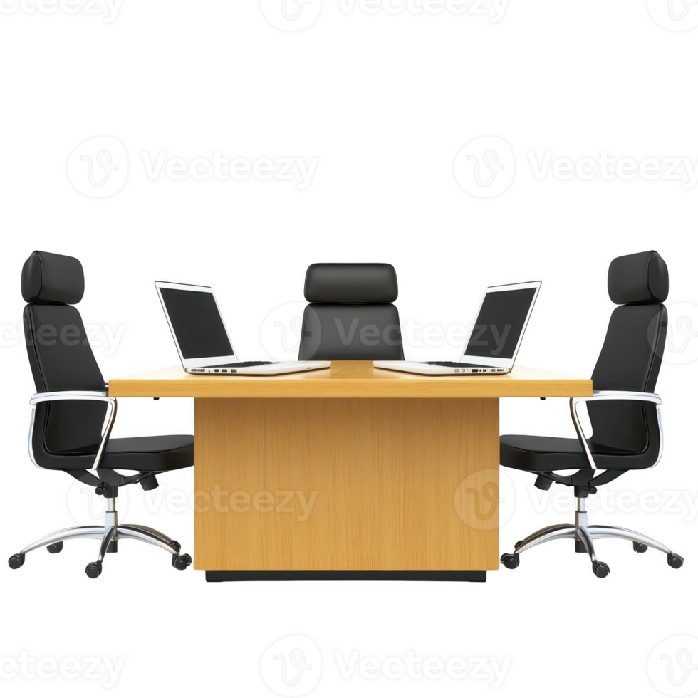 modern office setup featuring wooden conference table surrounded by three black ergonomic chairs, each with laptop open, creating professional and collaborative workspace png