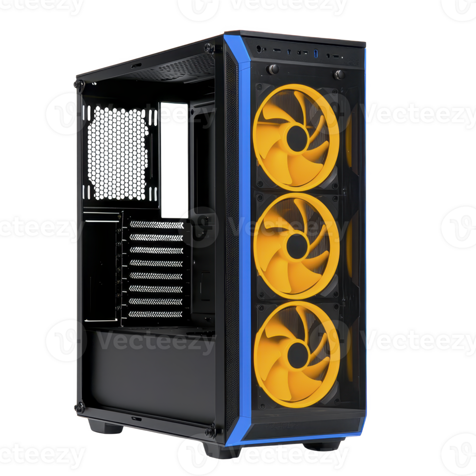 sleek black computer case with vibrant yellow fans and blue accents, designed for optimal airflow and modern aesthetics. Ideal for gaming setups and tech enthusiasts png