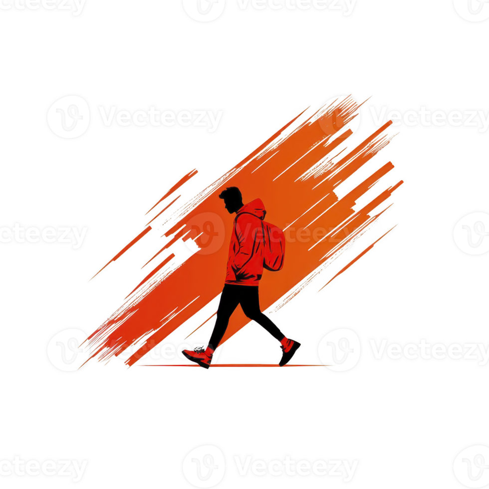 silhouette of person walking with red hoodie and backpack is set against dynamic, abstract orange background, conveying sense of movement and energy png