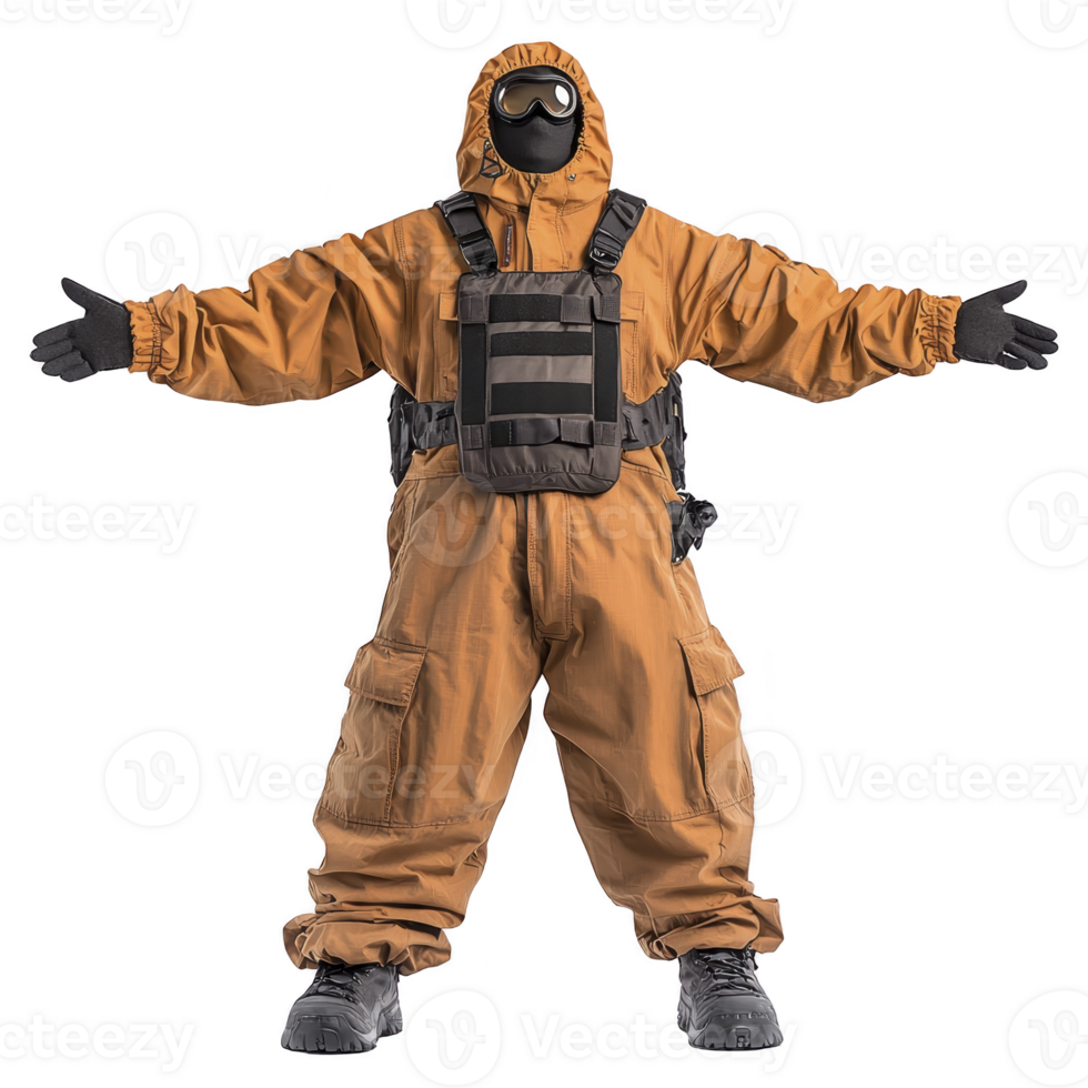 person wearing protective hazmat suit with hood, goggles, and gloves stands with arms outstretched. suit is orange with black accessories, designed for safety in hazardous environments png