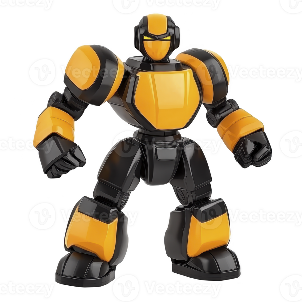 powerful yellow and black robot stands confidently, showcasing its futuristic design and strong build. robot sleek armor and dynamic pose suggest readiness for action png