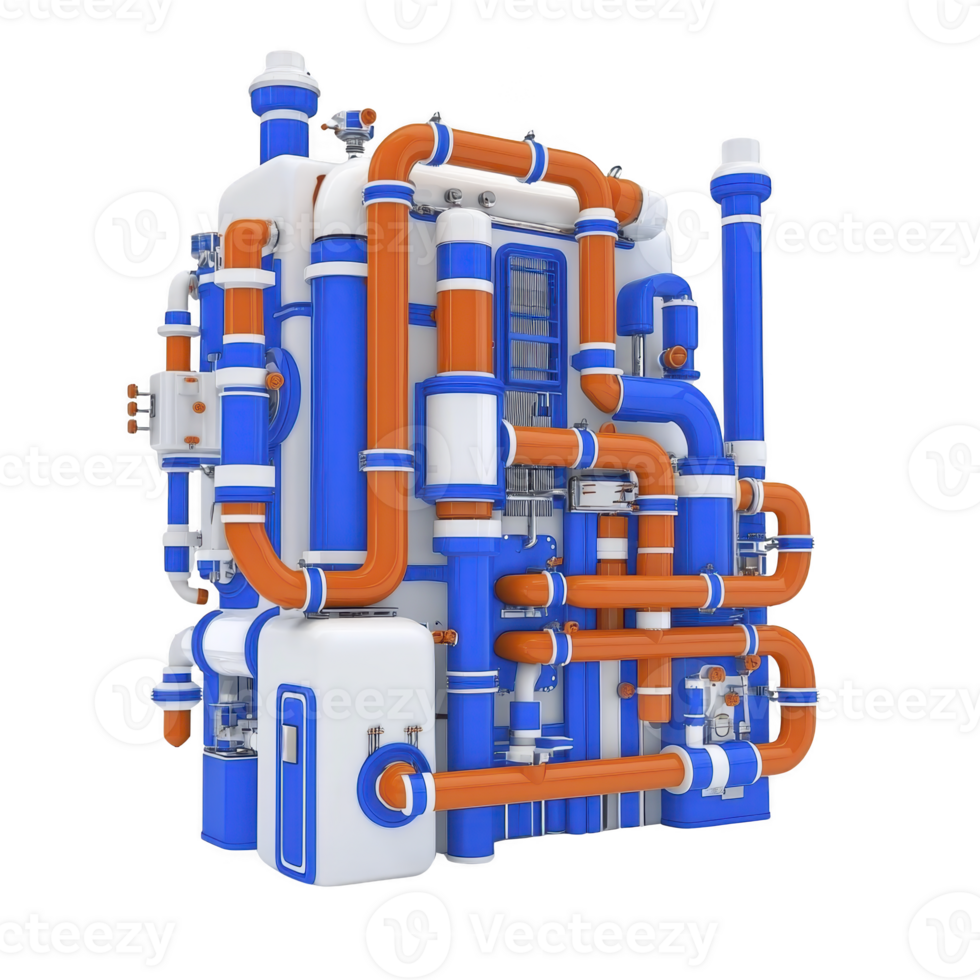 complex industrial machine with interconnected blue and orange pipes, valves, and gauges, showcasing futuristic design. structure appears robust and intricate, suggesting advanced engineering png