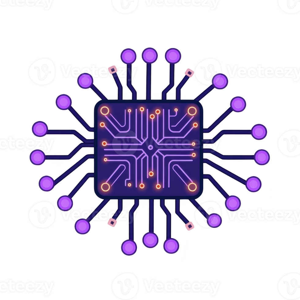 glowing purple circuit board design with interconnected lines and nodes, resembling microchip, symbolizes technology and innovation. vibrant colors and intricate patterns create futuristic feel png
