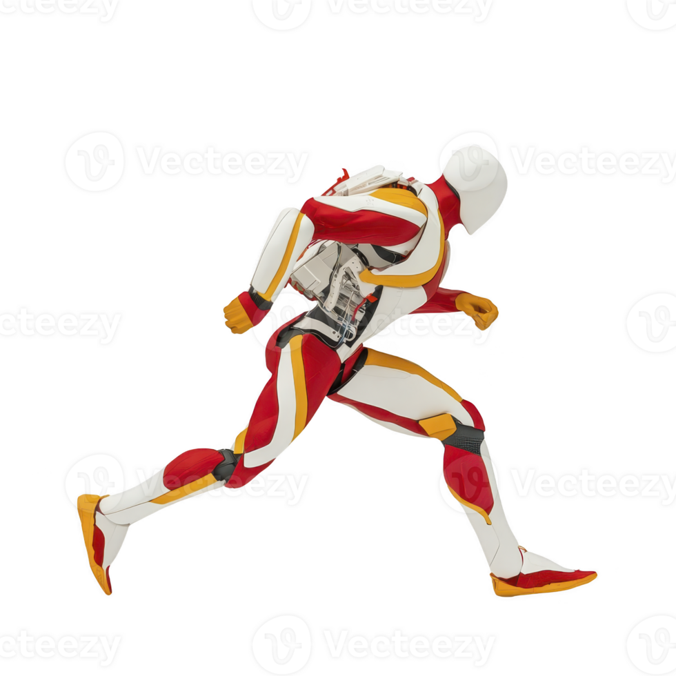 futuristic humanoid robot in dynamic running pose, wearing sleek red and white suit with high tech backpack, showcasing advanced technology and innovation png