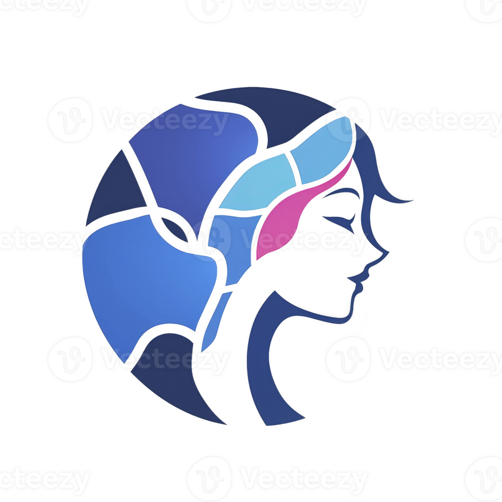 stylized silhouette of woman profile is depicted in stained glass style, featuring shades of blue and pink. design is abstract and artistic, with flowing lines and serene expression png