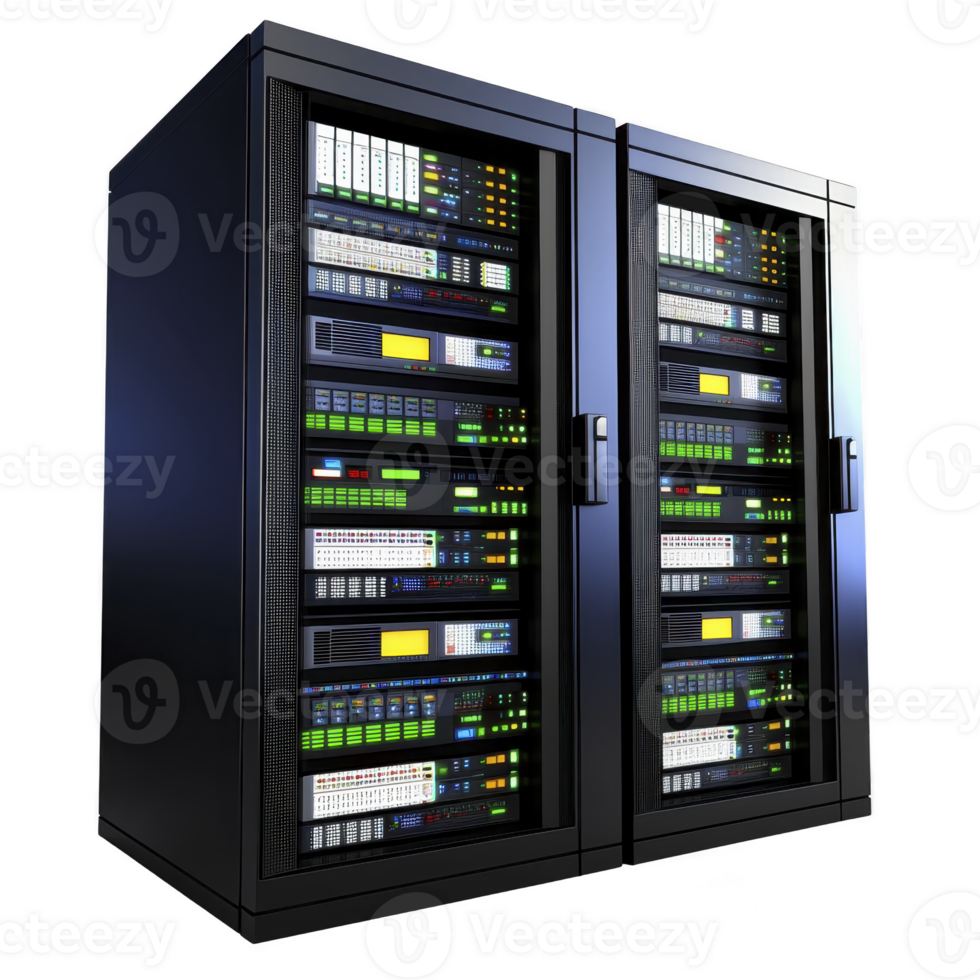 pair of sleek, modern server racks filled with colorful network equipment and blinking lights, representing advanced data storage and processing capabilities png