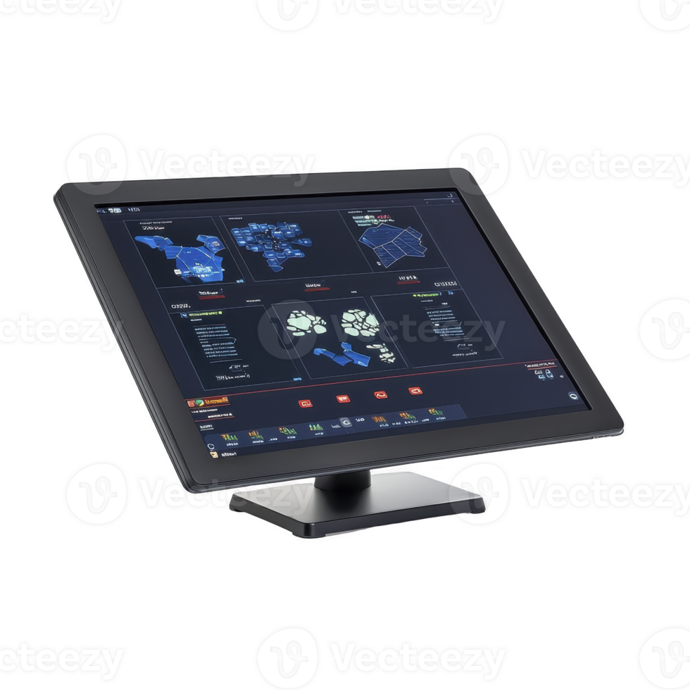 sleek, modern touchscreen display showing digital interface with various data visualizations and maps, set on minimalist stand. screen is angled for easy viewing, ideal for tech environments png