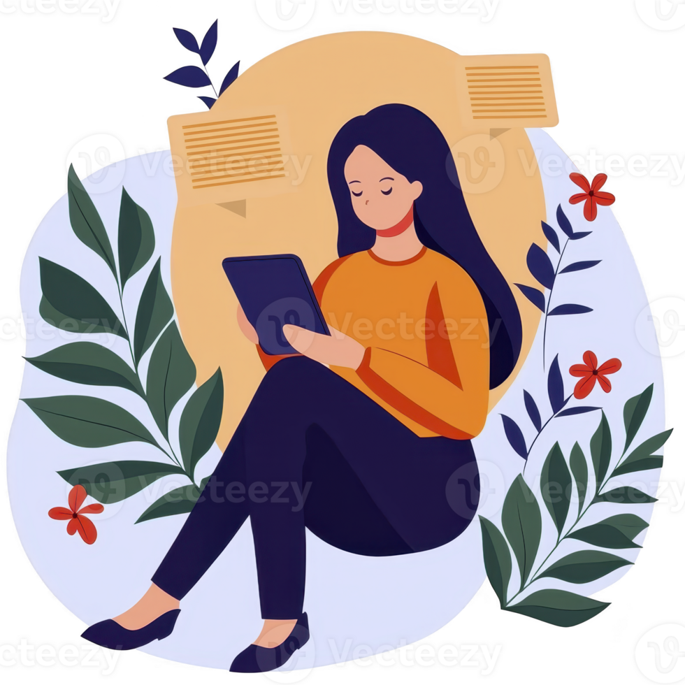 woman with long hair is sitting and reading tablet, surrounded by colorful leaves and flowers, creating peaceful and focused atmosphere png